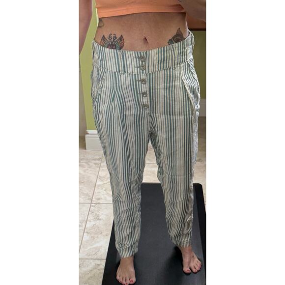 Free People size 6 cream stripe teal pants 100% cotton button fly ($128 retail) - Picture 2 of 6